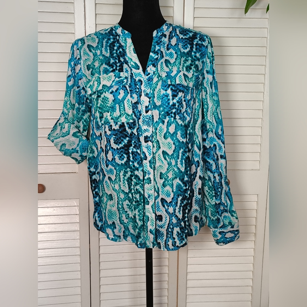 Calvin Klein 100% Linen Teal & Aqua Snake Print Blouse Size S/P – Like New